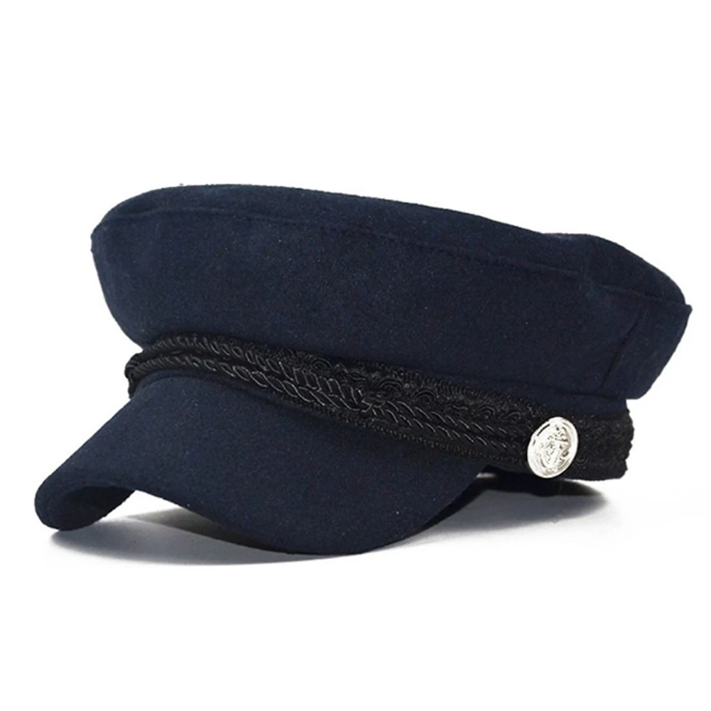 

Lady Military Hat 2018 New Fashion Winter Warm French Style Wool Military Beret Black Rope Button Lady Cap Adjustable Visor Hat