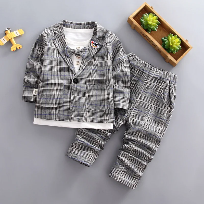 

Spring Autumn Baby Boys Girls Fashion Gentleman Bow Jacket T-shirt Pants Plaid 3 Pcs/Set Children Cotton Clothing Sets Kids Suit