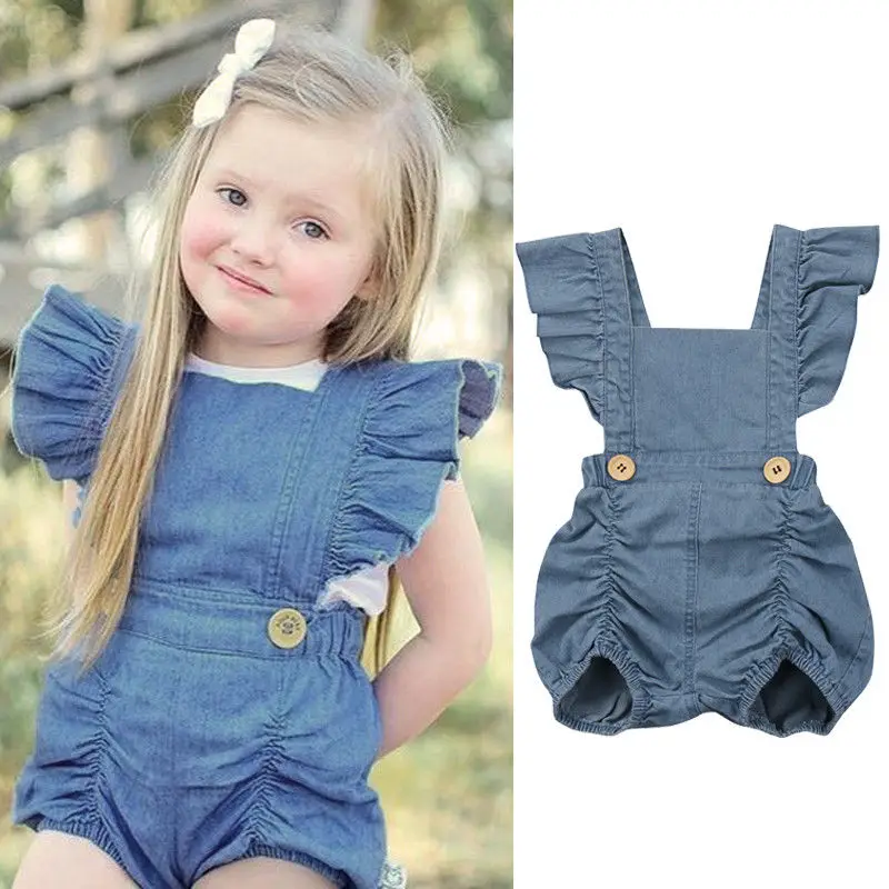

Trendy Ruffled Denim Slip Suspender Romper in Blue for Baby Girl