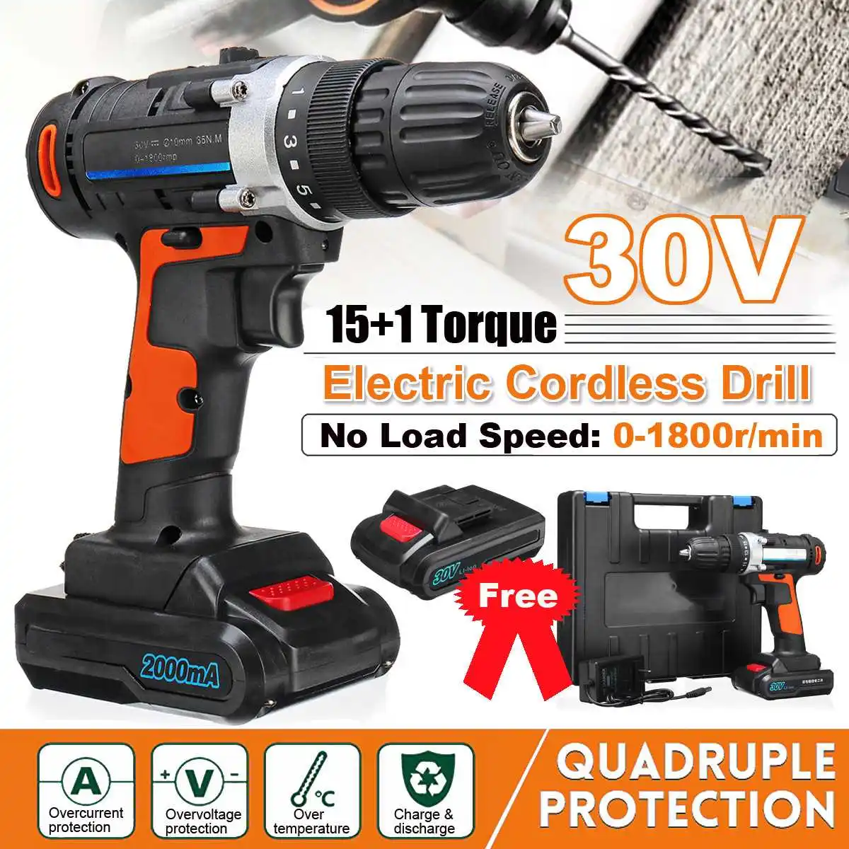 

Multi-function 30V Electric Cordless Drill Rechargeable Power Drill Driver Wireless Electric Screwdriver with 2 Li-ion Batteries