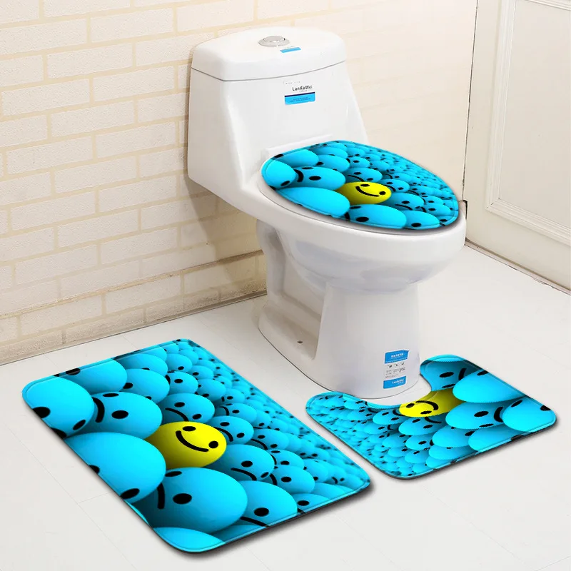 Funny Yellow Face 3pcs Set Bath Mat 3d Mat For Bathroom Fleece