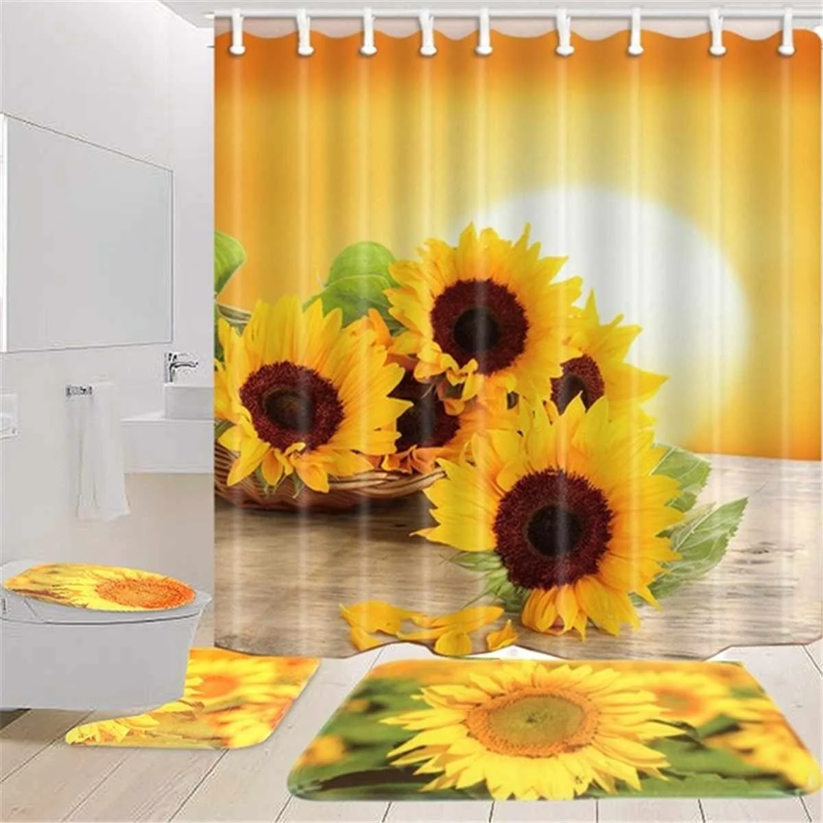 Sunflower Plant Shower Curtain Polyester Bathroom Waterproof 4Pcs Floor Mat Set Pedestal Rug Lid