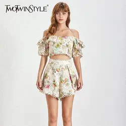 TWOTWINSTYLE Короткие Длина для женщин комплект из двух предметов Винтаж печати с пышными рукавами открытыми плечами спинки Лето Тонкий наборы