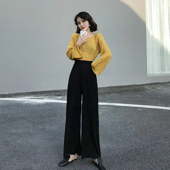 

Women Casual Trousers Loose Straight Wide Leg Pants Office Lady Elastic Waist Pleated Trousers High Waist Pants Solid Color
