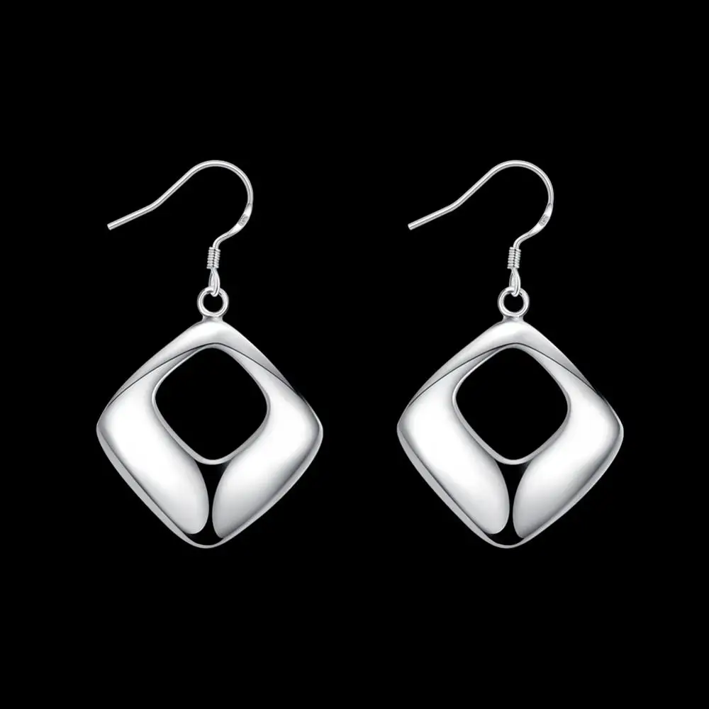Fashion 925Sterling Solid Silver Jewelry Square Dangle Earrings For