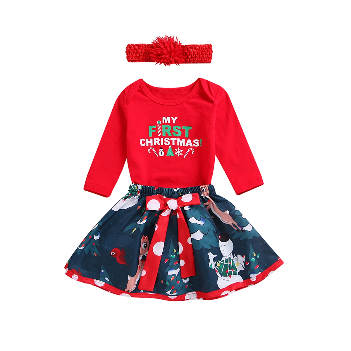 

3 Piece Set Newborn Baby Girl My First Christmas Clothes Set Long Sleeve Letter Romper Snowman Deer Skirts Headband Clothing