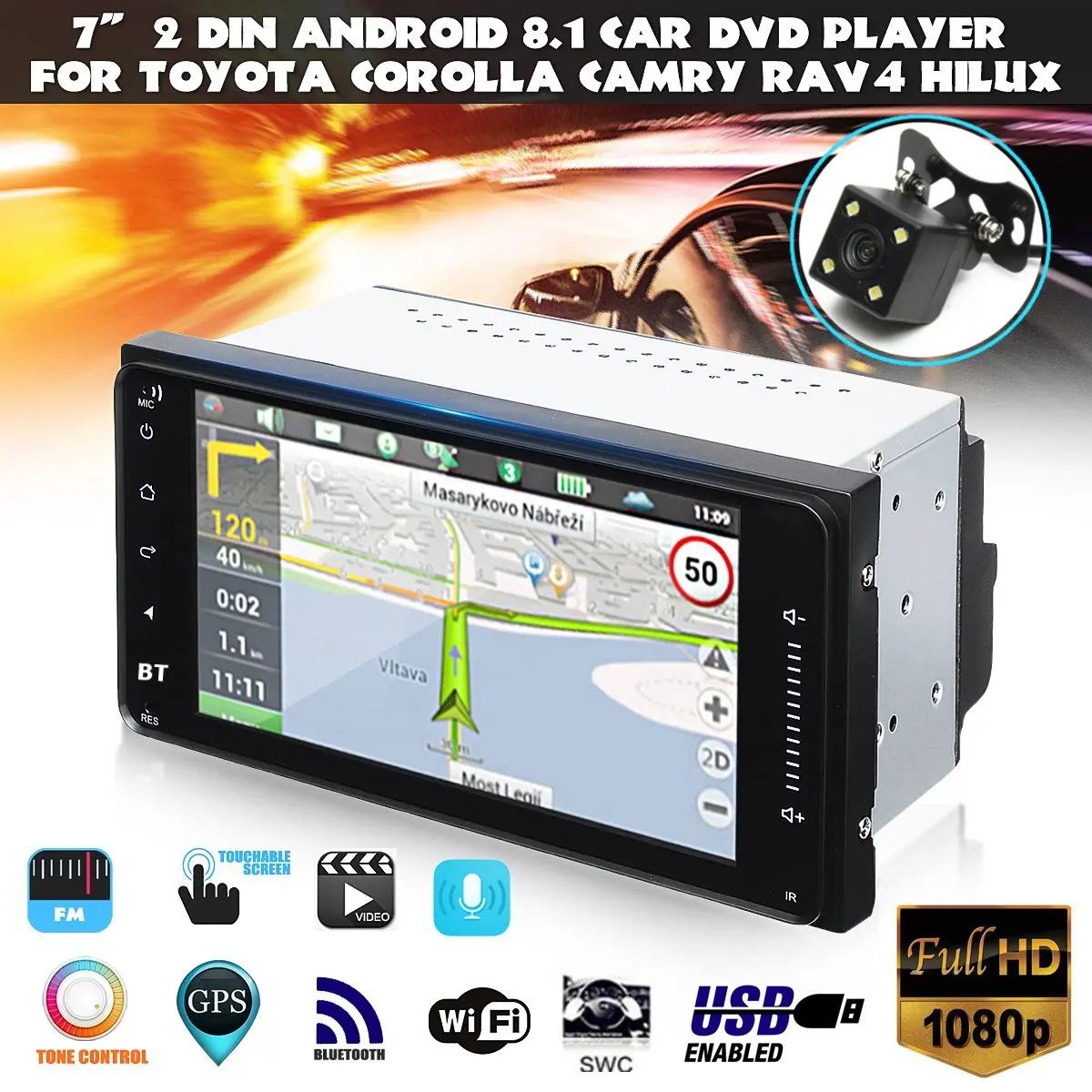 

7 inch 2 Din for Android 8.1 Car DVD Player Universal WIFI GPS Stereo bluetooth Indash Radio For Toyota Corolla Camry Hilux RAV4