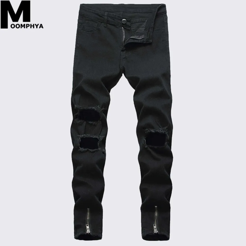 Moomphya Ripped big holes skinny jeans men Distressed zipper hip hop men jeans Long men pants black jean homme