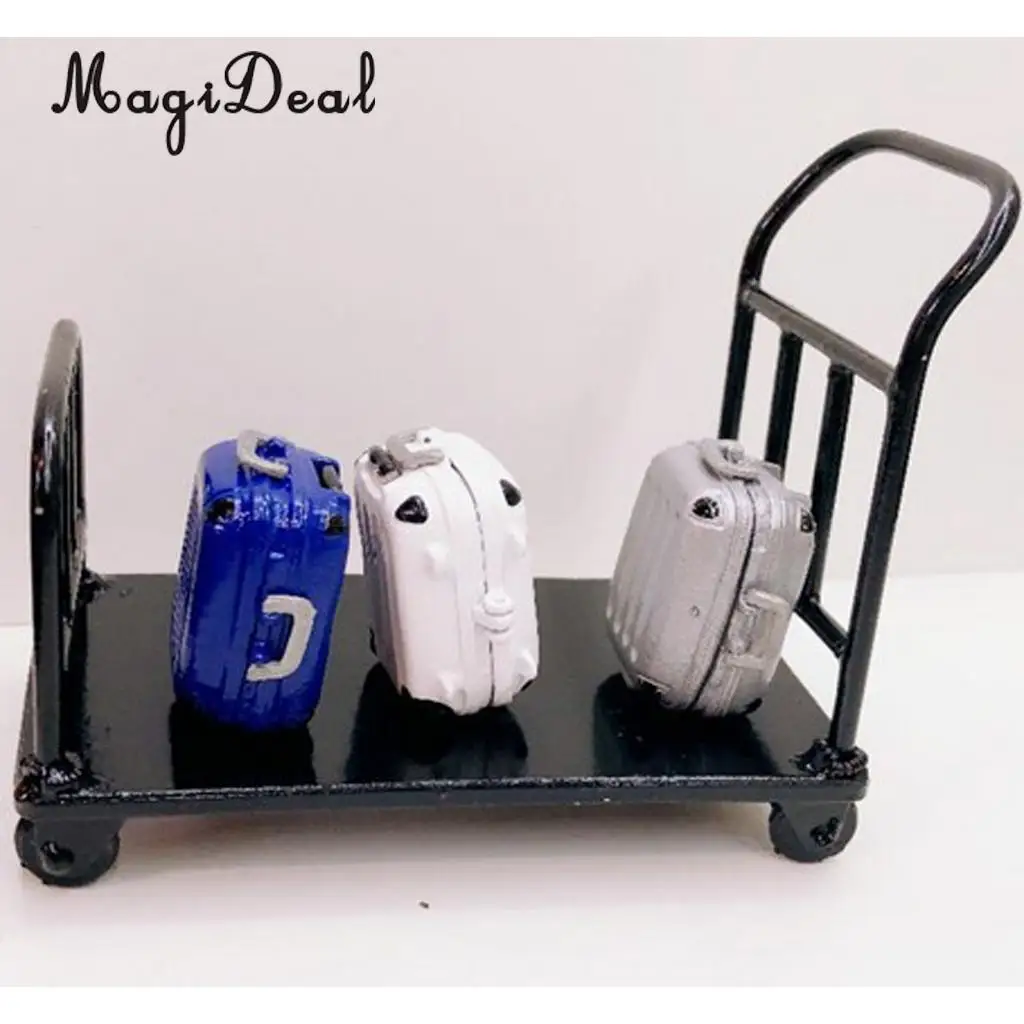 

1/12 Scale Metal Luggage Cart Trolley for Dolls House Mini Figures Accessories Kids Pretend Play Toy