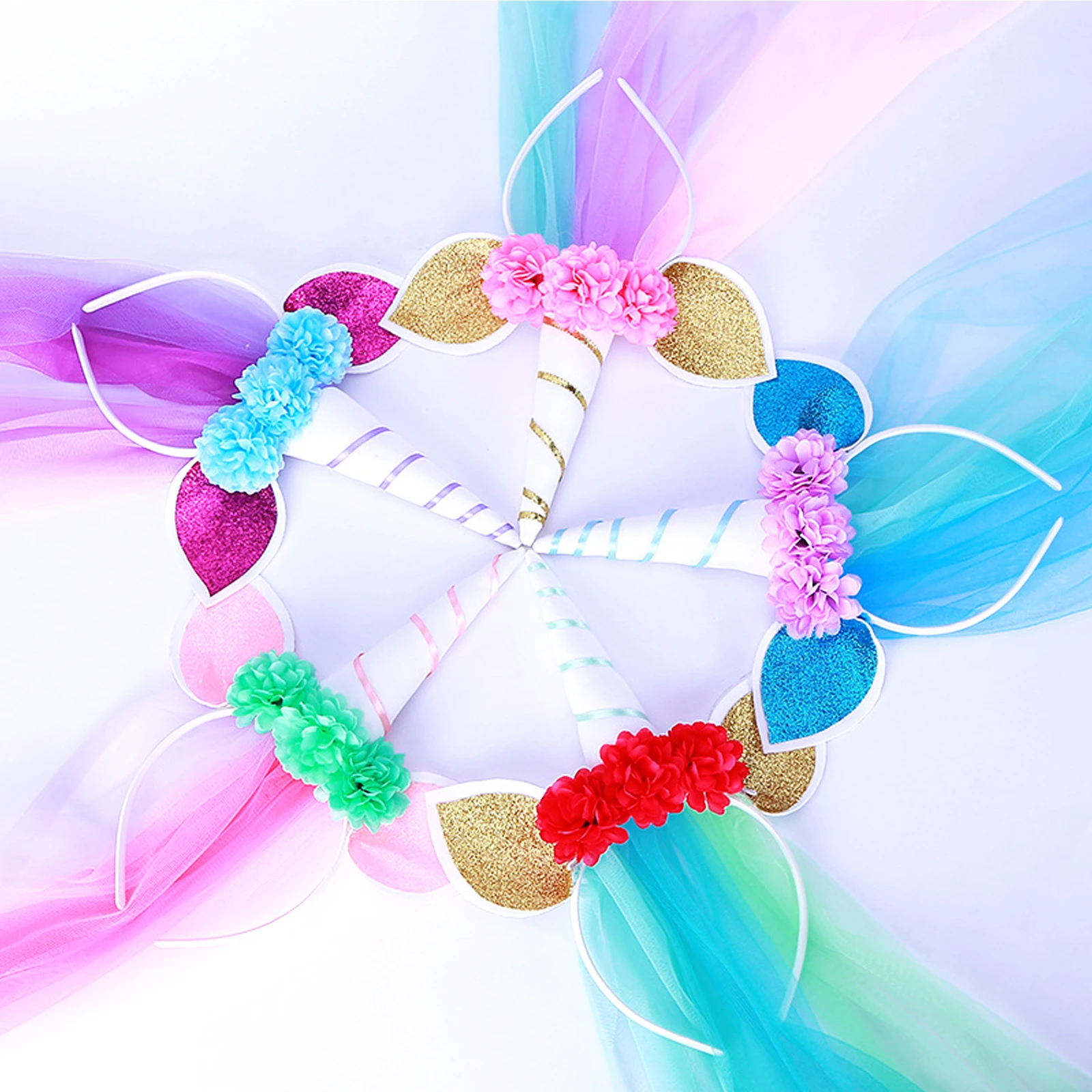 

Long Tulle Party Unicorn Hair Accessories Headband Latex Balloons Unicorn Horn with Chiffon Flowers Hair Hoop Party for Kids