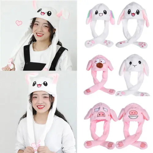 

Women Kids Cute Plush Rabbit Pinching Bunny Ear Hat Can Move Airbag Cap Toy Gift