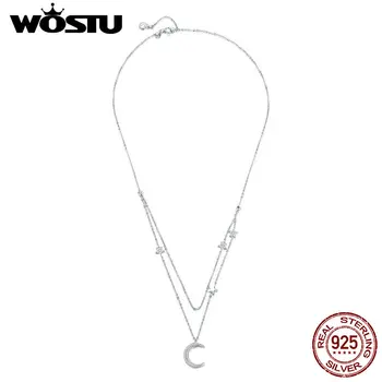 WOSTU 100% 925 Sterling Silver Moon & Stars Pendant Necklaces Adjustable Double Long Chain For Women Wedding Jewelry Gift CTN038
