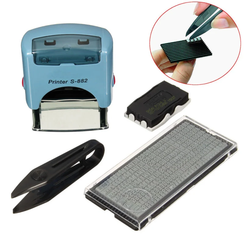 

re-Usable plastic Personalised Rubber Stamp set Self inking letters numbers Name Business Address Garage School color at random