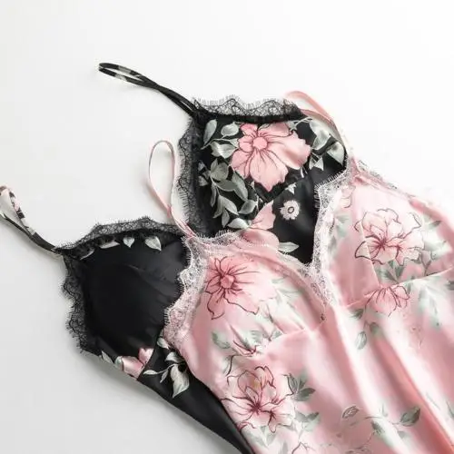 Hirigin 2019 Brand New Sexy Floral Print Women Silk Lace Sleeveless Robe Babydoll Nightdress Nightgown Sleepwear Night Dress