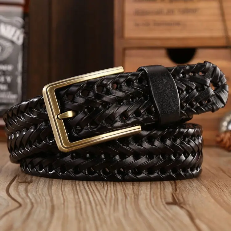 

Men Genuine Leather Belt Pin Buckle Braided Belts For Men Quality Luxury Designer Handwoven Fashion Belts For Jeans