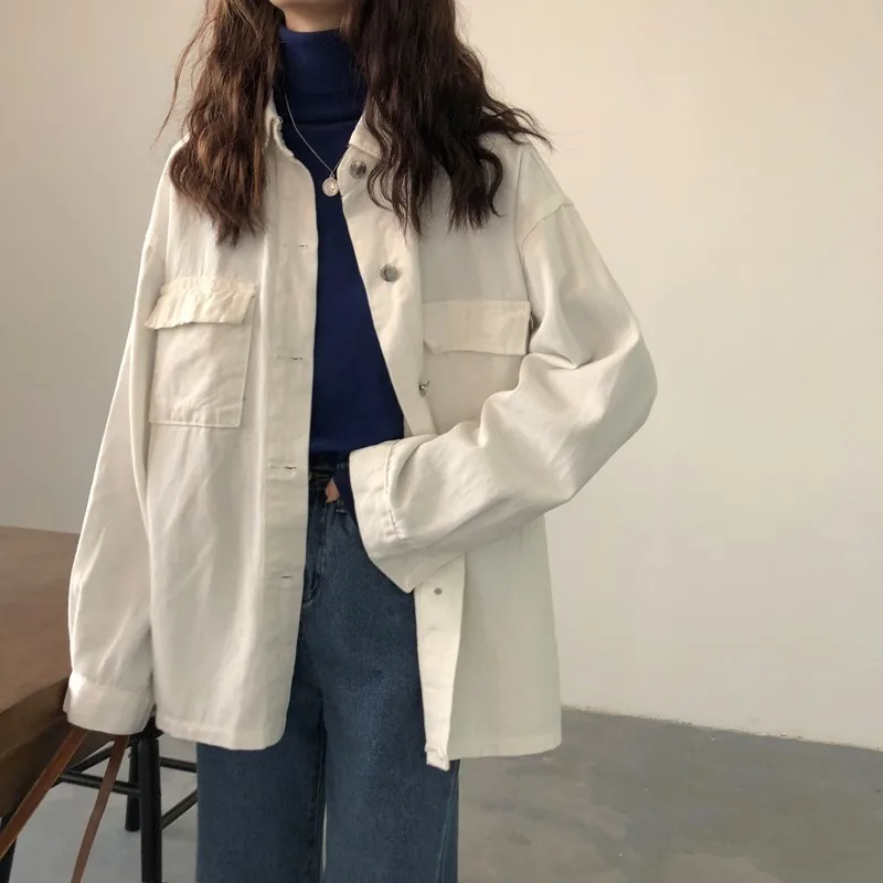 

Korean Spring Autumn Denim Jacket For Women Solid Color Pockets Female Jacket Streetwear BF Jean Coat Casual Cowboy Outerwear