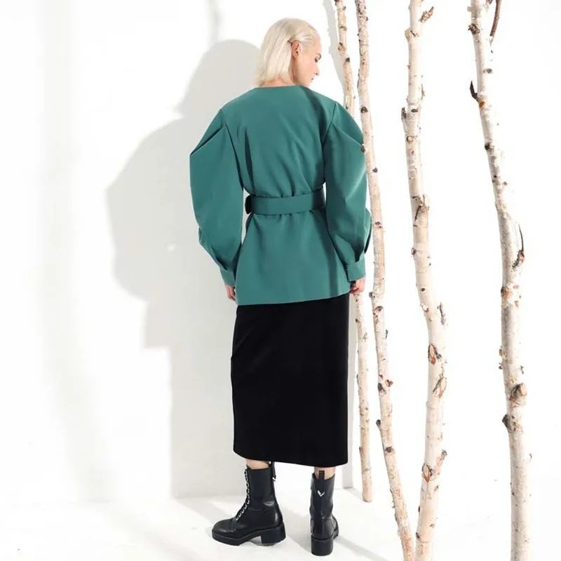 Longue Femmes eam Jl083 Fendue Manteau Nouveau Vert Mode Green Lâche 2019 Manches col V Bandagejacket Printemps black Fold Hiver Chauve souris Commune xwYfFwqg