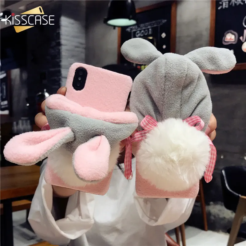 

KISSCASE Lazy Rabbit Fluffy Phone Case For iPhone 7 6 6s Case For iPhone X 8plus iPhone 7 7 Plus Christmas Hat Case Fundas Cover