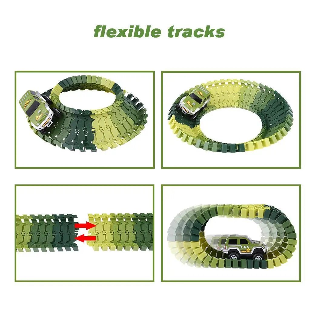 

Dinosaur World Bridge Create A Road 142 Piece Flexible Box Track Playset with Toy Multi-Color Cars 2 Dinosaurs