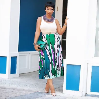 

2019 Summer Print Striped Skirt Women High Waist Vintage Pleated Skirts