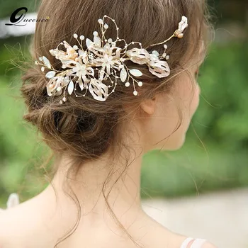 

Luxury Wedding Hair Jewelry Freshwater Pearl Hair Comb Bride Headpiece Golden color Leaves Women Hair Ornaments Tiara Headband