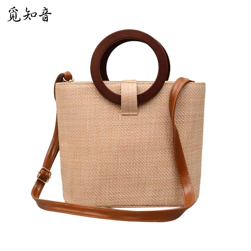 

Fashion Women Hot Beach Straw Bags Ins Popular Autumn Female Wooden Ring Weave Handbag Casual Lady Knitted Shoulder Bag Ss3423