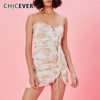 

CHICEVER Summer Print Sleeveless Sexy Dress Women Strap High Waist Bandages Slim Asymmetrical Mini Dresses Female Fashion 2020