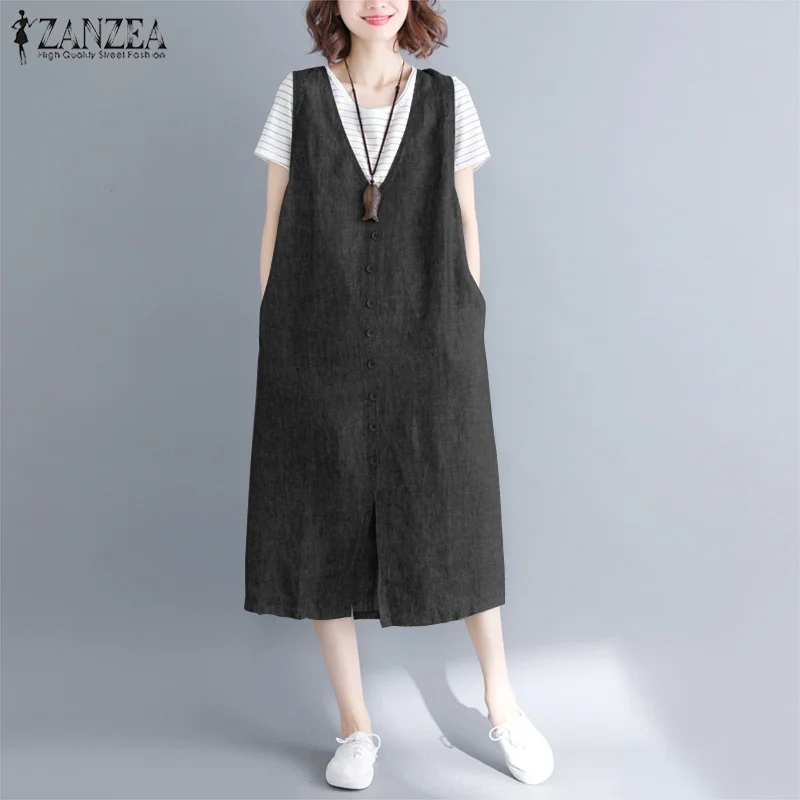 

2019 ZANZEA Vintage Women V Neck Sleeveless Loose Overalls Dress Summer Elegant Casual Solid Tanks Vestido Baggy Sarafans Dress