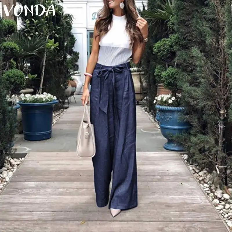 

Summer VONDA 2019 Sexy Long Loose Belt Pants High Waist Women Plus Size 5XL Trousers Wide leg Bohemian Pantalon Crop Casual Pant