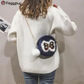 

Hot Velvet Sequins Bowknot Messenger Bags Round Crossbody Shoulder Bag For Women