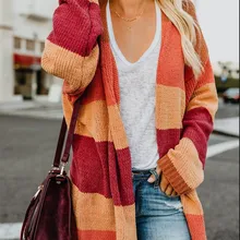 2018 Winter Women Striped Long Sleeve Knitted Coat Casual Rainbow Color Warm Cardigans