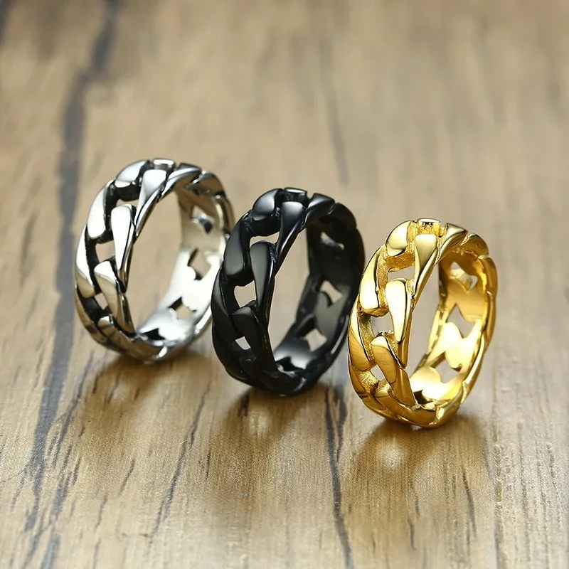 Vnox Punk Link Chain Shape Ring For Men Black/Gold/Silver Color Stainless Steel Fraternal Rings Male Alliance