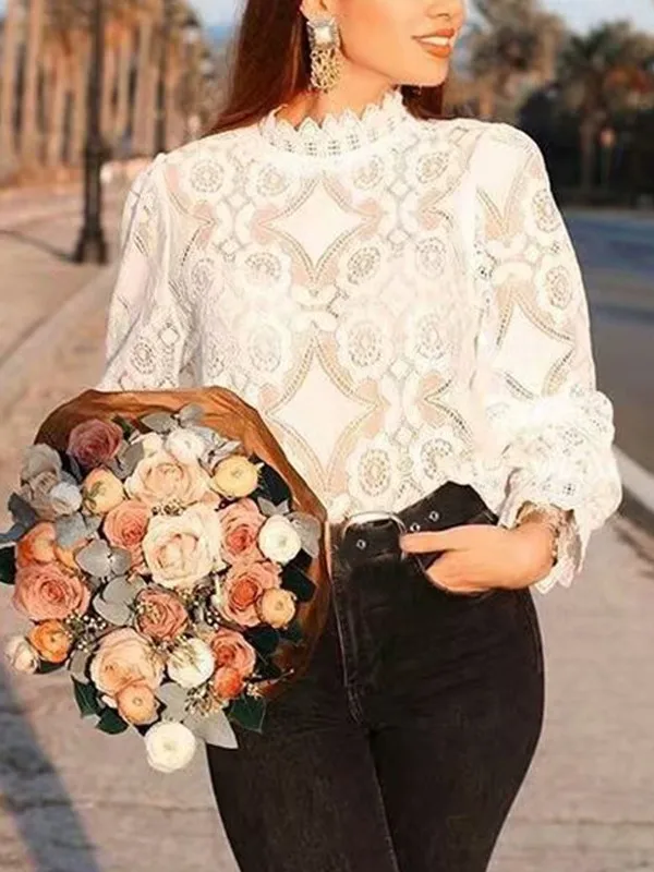 

Hirigin Women's Casual Slim Lace Hollow Slim T-Shirs Long Sleeve White Shirt Tops Elegant
