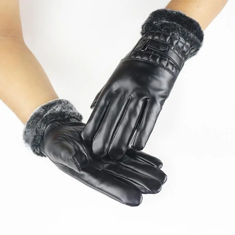 Модные зима-осень теплые перчатки Для мужчин из искусственной кожи с искусственным кроличьим мехом Сенсорный экран перчатки для Для женщин