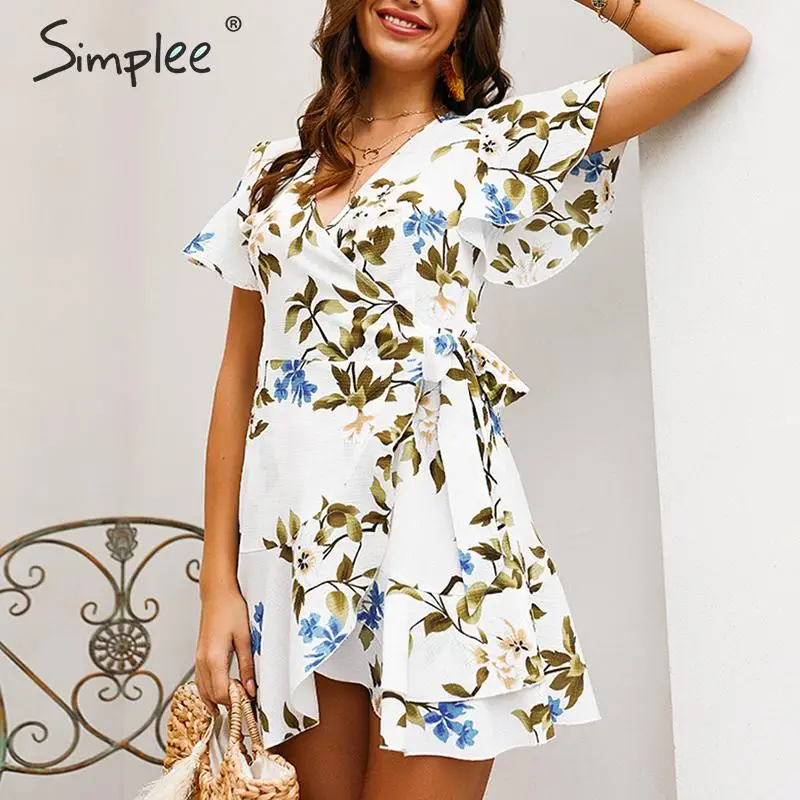 

Simplee Boho lace up floral print dress women summer Plus size A line elegant sashes short vestidos Holiday ladies beach dress
