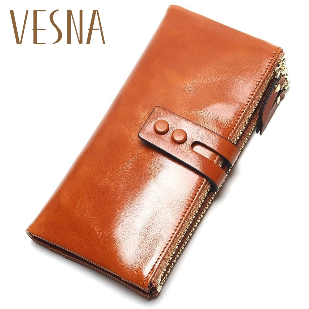 

2019 New Fashion Women Oil Wax Wallets Female Genuine Leather Womens Wallet Zipper Design Women's Purse Ladies Long Phone Holder