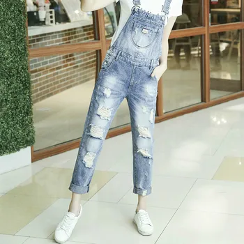 

2019 New Spring Summer Women Ripped Hole Denim Jumpsuits Casual Romper Denim Straight Overalls Jeans