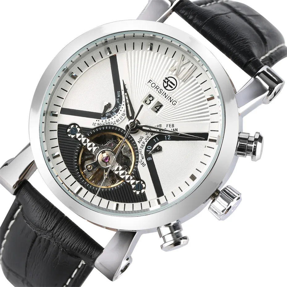 

Men Mechanical Watches Leather Band Tourbillon Watch Men Date Display Silver/Rose Gold Luxury Male Clock gifts Reloj Masculino