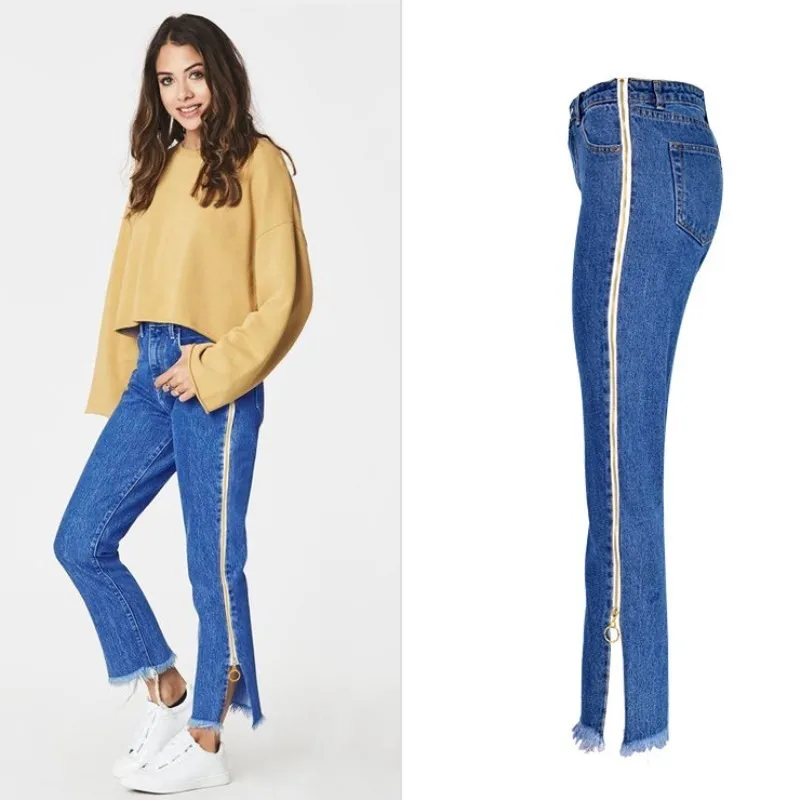 ZOUHIRC новые женские джинсы с высокой талией с боковой молнией синие джинсы свободные джинсы, женские брюки расклешённые брюки с кисточками