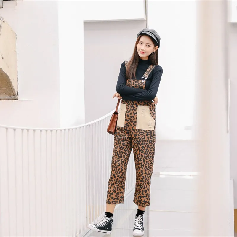 

Women Jumpsuit Leopard Denim Overalls 2019 Spring Winter Big Pockets Loose Bodysuits