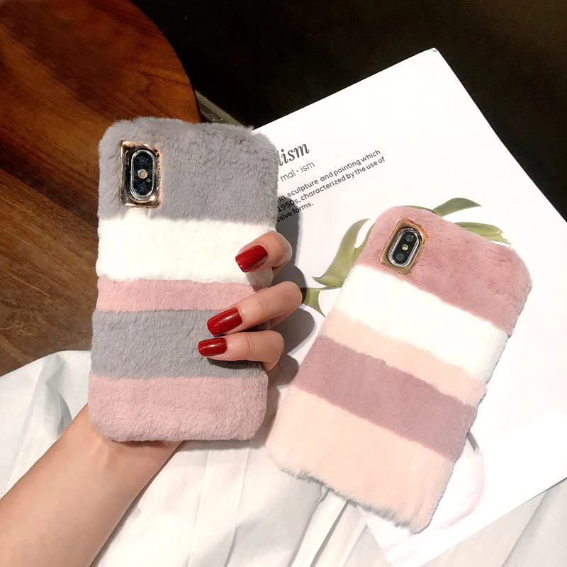 

Girl Cute Rabbit Fur Plush Case For iPhone X XS 6S 7 8 Plus Touch Soft Winter Warm Back Cover Case For iPhone 10 8 Fourrure Case