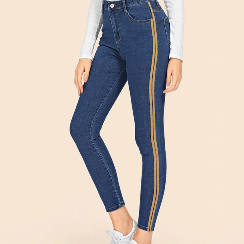 

Skinny Jeans For Women High Waist Shaping Jeans With Yellow Side Stripes Ankle-Length Denim Pencil Pants 2019 Spring Streetwear