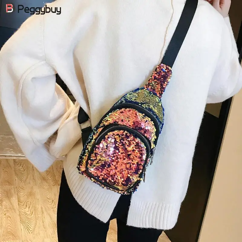 

Candy Color 24x14x5 cm Bling Satchel Sequins Crossbody Bags Women Shoulder Messenger Shiny Waist Chest Handbags