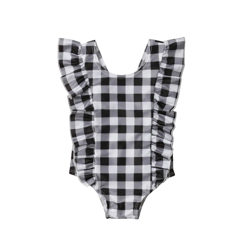 Cute Girls One Piece Swimsuit Ruffle Plaid Sleeveless Beachwear Baby Swimming Costume Kids Bathing Suit Girls One Piece Swimwear