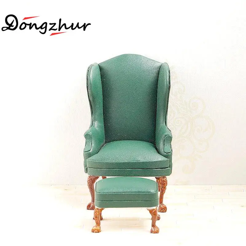 

Mini Furniture Green Single Leather Sofa + Foot Stool For 1:12 Dollhouse Miniature Model Baby Kid Toy House Leather Sofa WWP0100