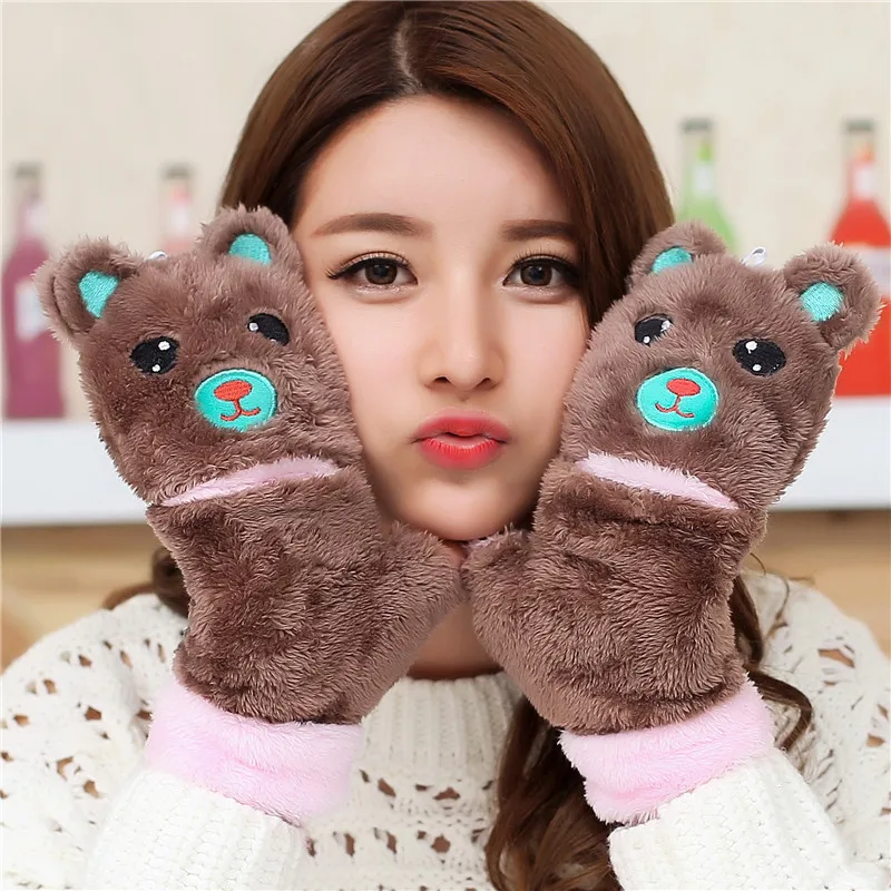

2019 New Women Lovely Cartoon Bear Mittens Winter Female Plush Half Finger With Lid Fingerless Gloves Ladies Warm Gloves