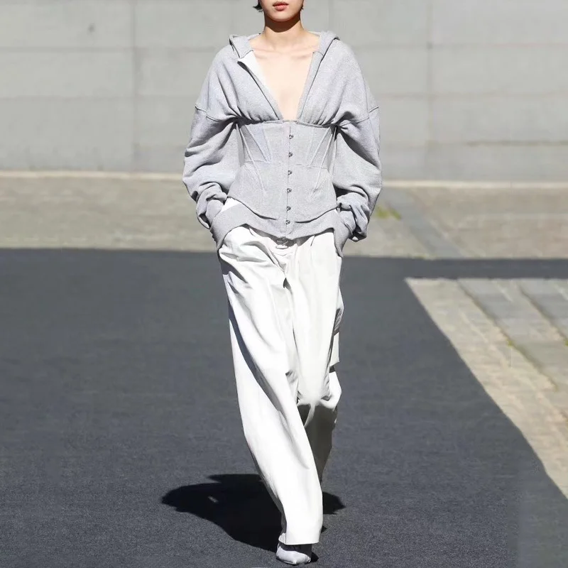 TWOTWINSTYLE Spring Sweatshirts For Women's Hoodies Long Sleeve V Neck High Waist Slim Sweatshirt T
