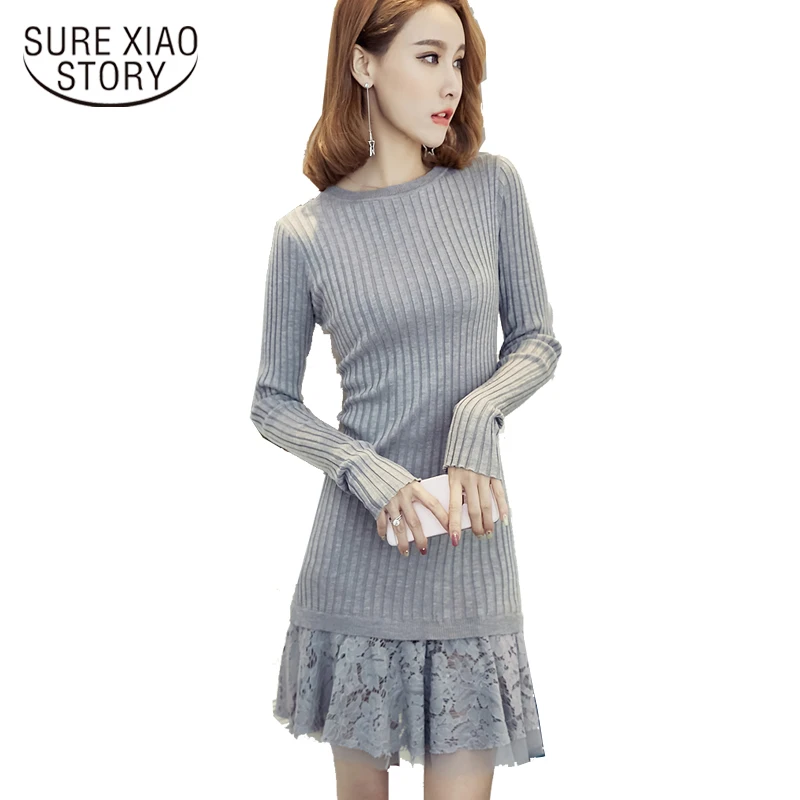 

new arrival women Lace dress female long sleeved dress 2017 office lady slim knee dress.fashion Solid color dress D123 30