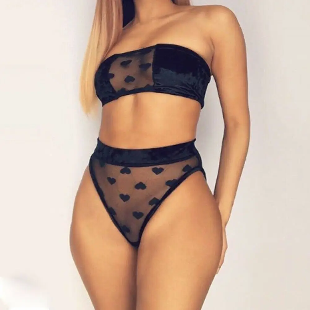 

Sexy Women Lace Mesh Patchwork Bralette Strapless Bra G-string High Waist Mesh Underwear Set Intimate Lingerie Bras Briefs Sets