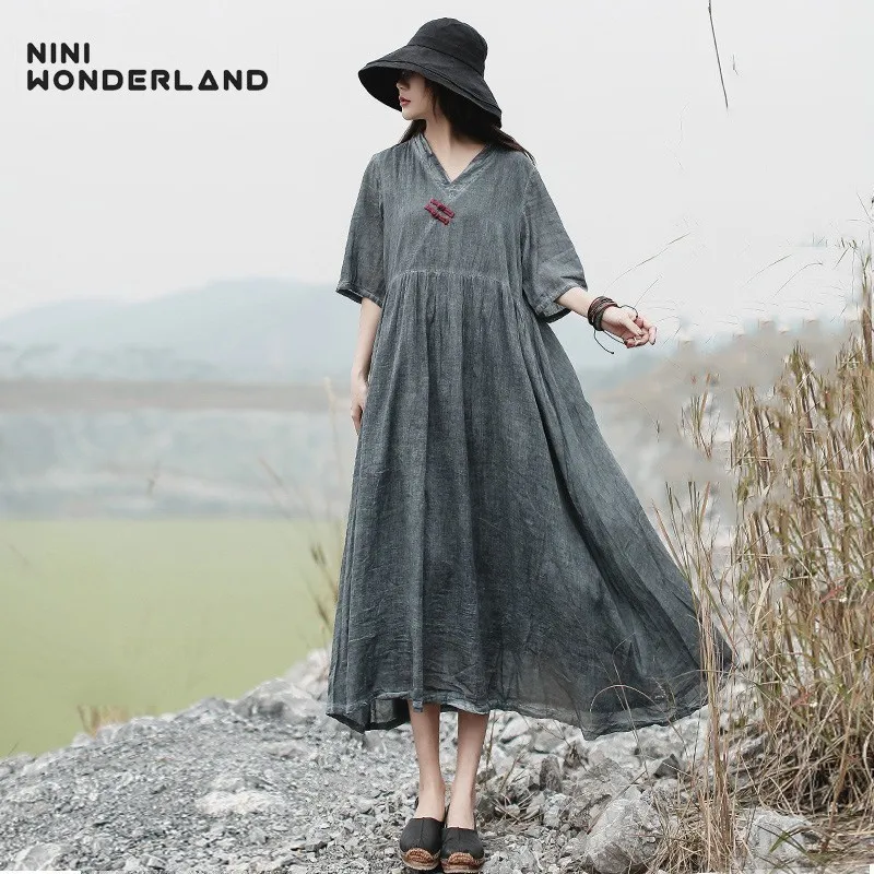 Женское платье с v-образным вырезом NINI WONDERLAND повседневное Хлопковое свободного
